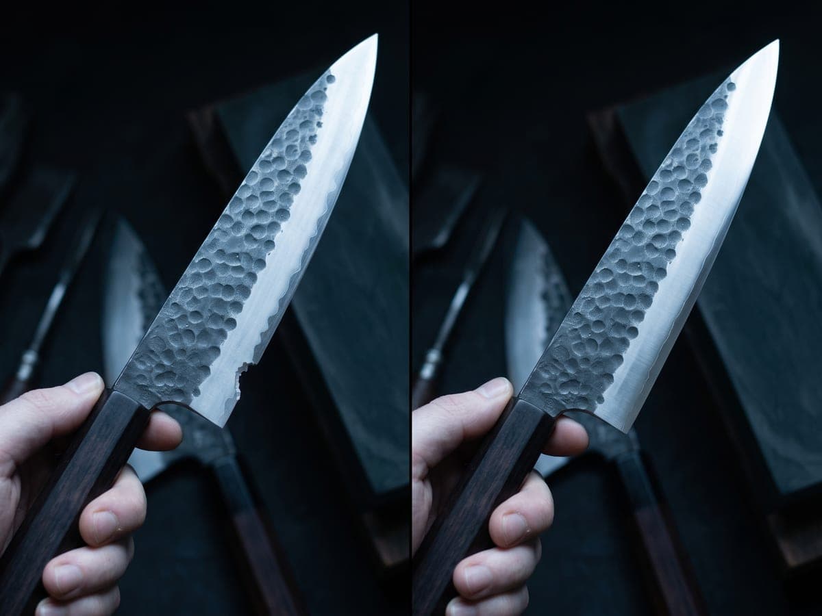 Before and after: a chipped knife edge next to the same edge fully repaired and polished