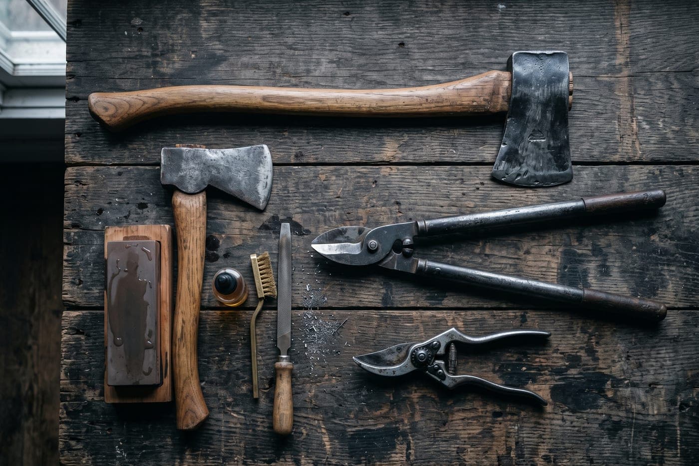 An axe, hatchet, shears and garden tools laid out for sharpening on dark wood