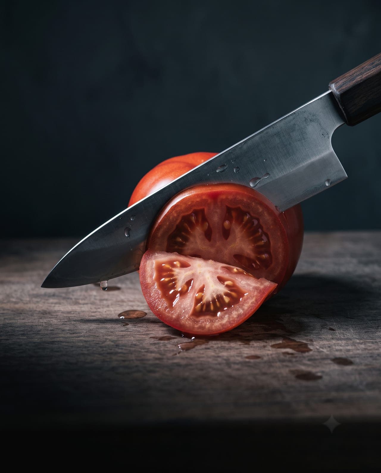 A razor-sharp chef's knife slicing cleanly through a ripe tomato, a bead of juice falling